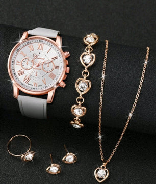 Women's Elegant Three-eye Roman Scale Dial Quartz Watch & Jewelry Set - 4 Pieces