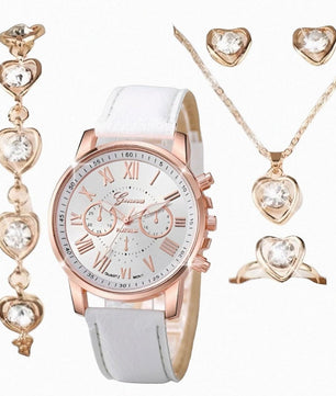 Women's Elegant Three-eye Roman Scale Dial Quartz Watch & Jewelry Set - 4 Pieces